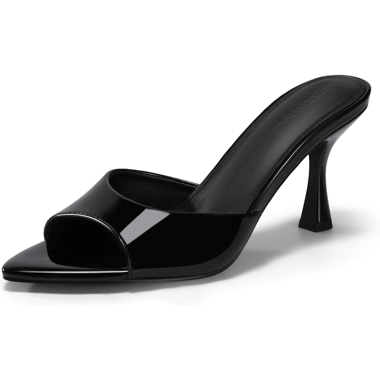 Womens Heeled Mules Pointed Peep Toe High Heels Slip