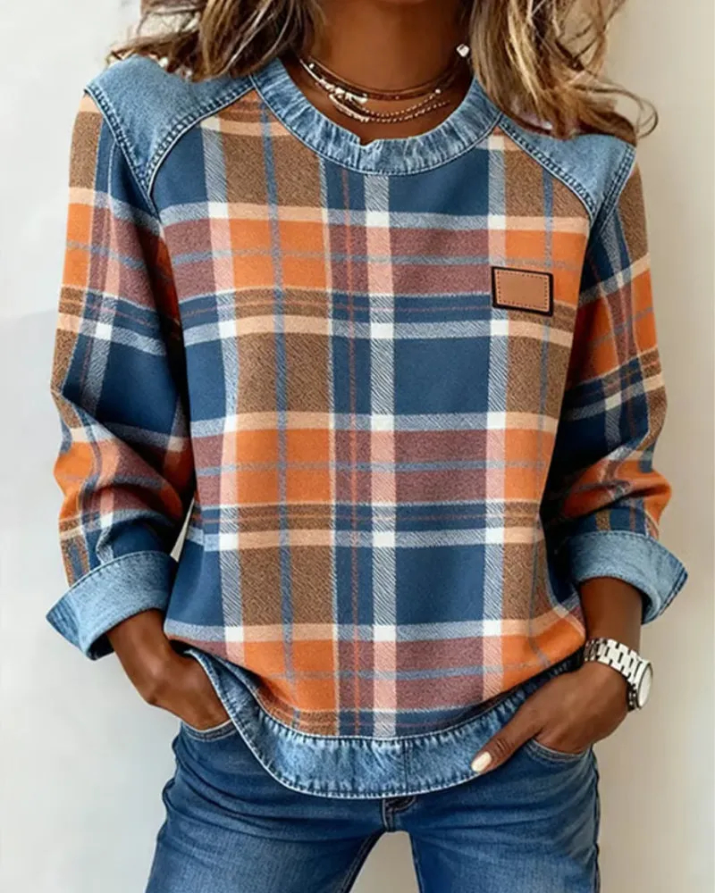 🔥Women's Casual Round Neck Denim Patchwork Pullover Sweatshirt