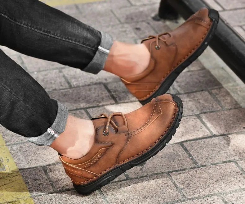 (⏰Last Day 70% OFF🔥)Men's Top-Quality Motorcycle Boots Hand-Stitched Genuine Leather Boots-Wide Toe, Waterproof， Anti-Slip， Anti-Sprain，Suitable for Work, Driving, Hiking