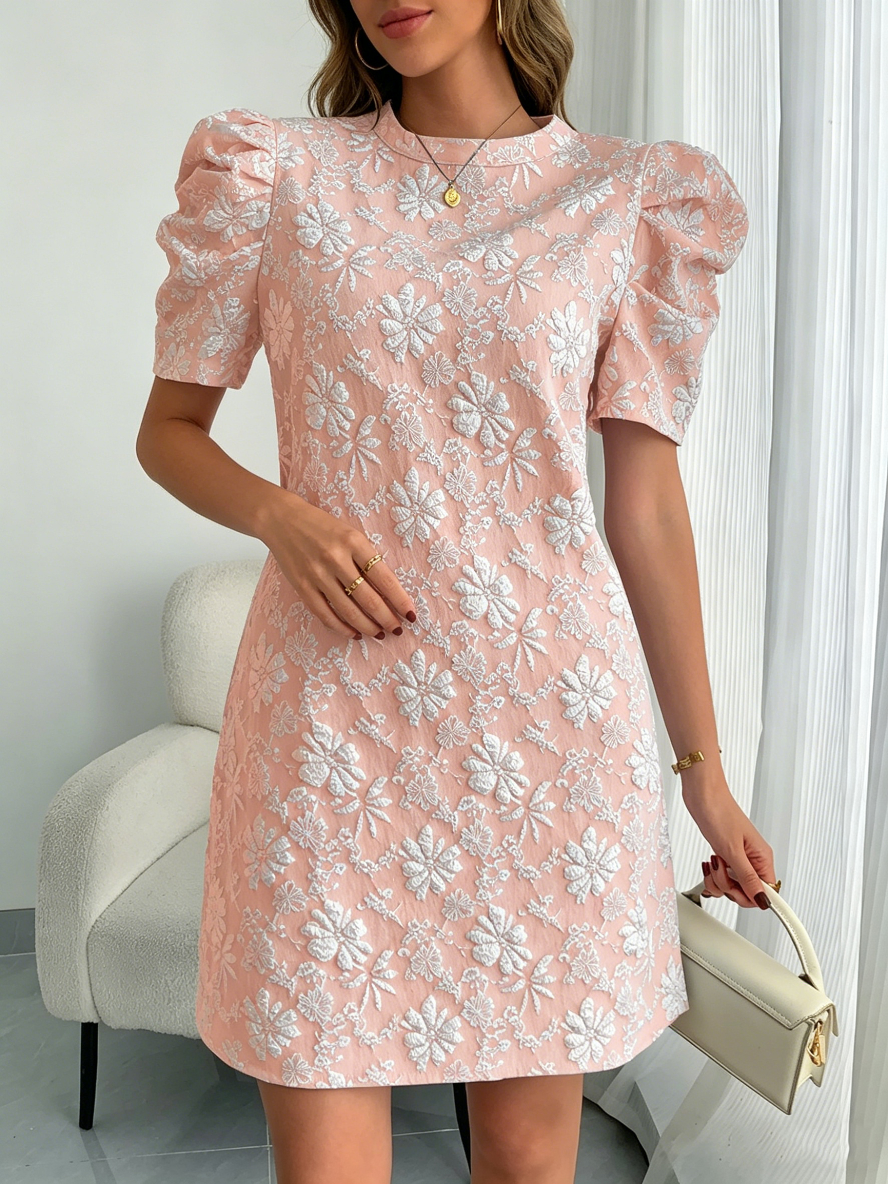 Women's Casual Puff Sleeve Textured Jacquard Dress