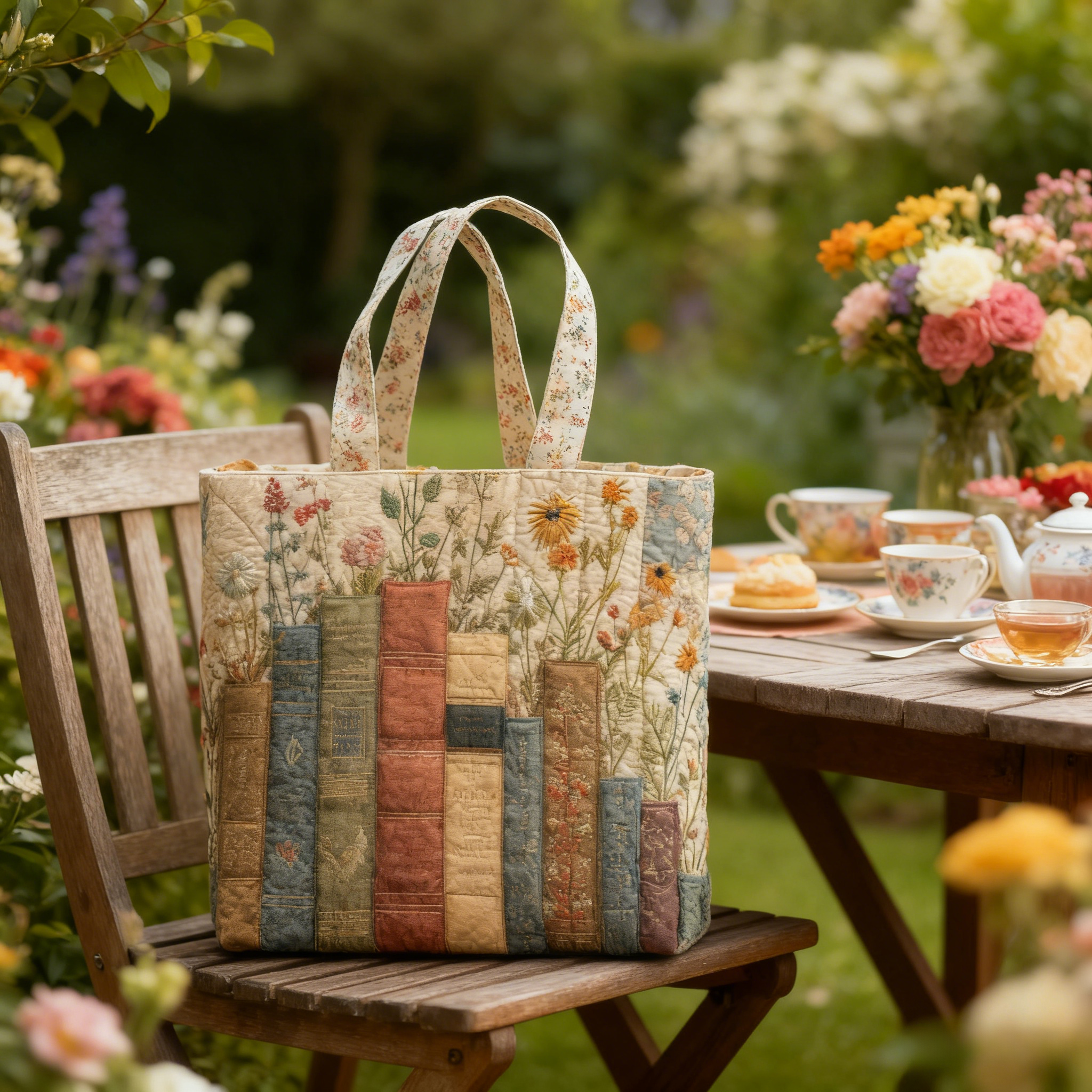 Floral Bookish Quilted Tote Bag