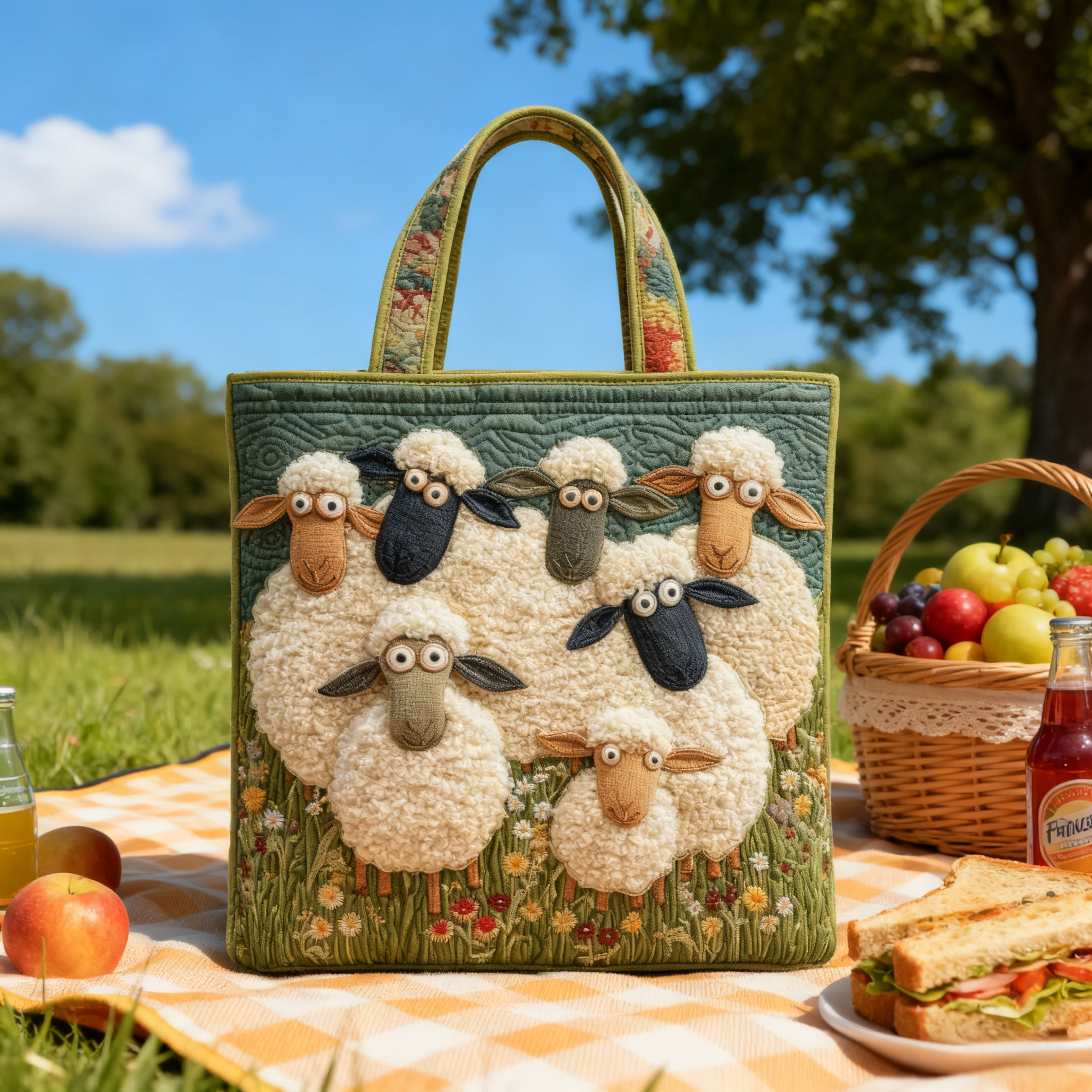 Whimsical Sheep Quilted Tote Bag