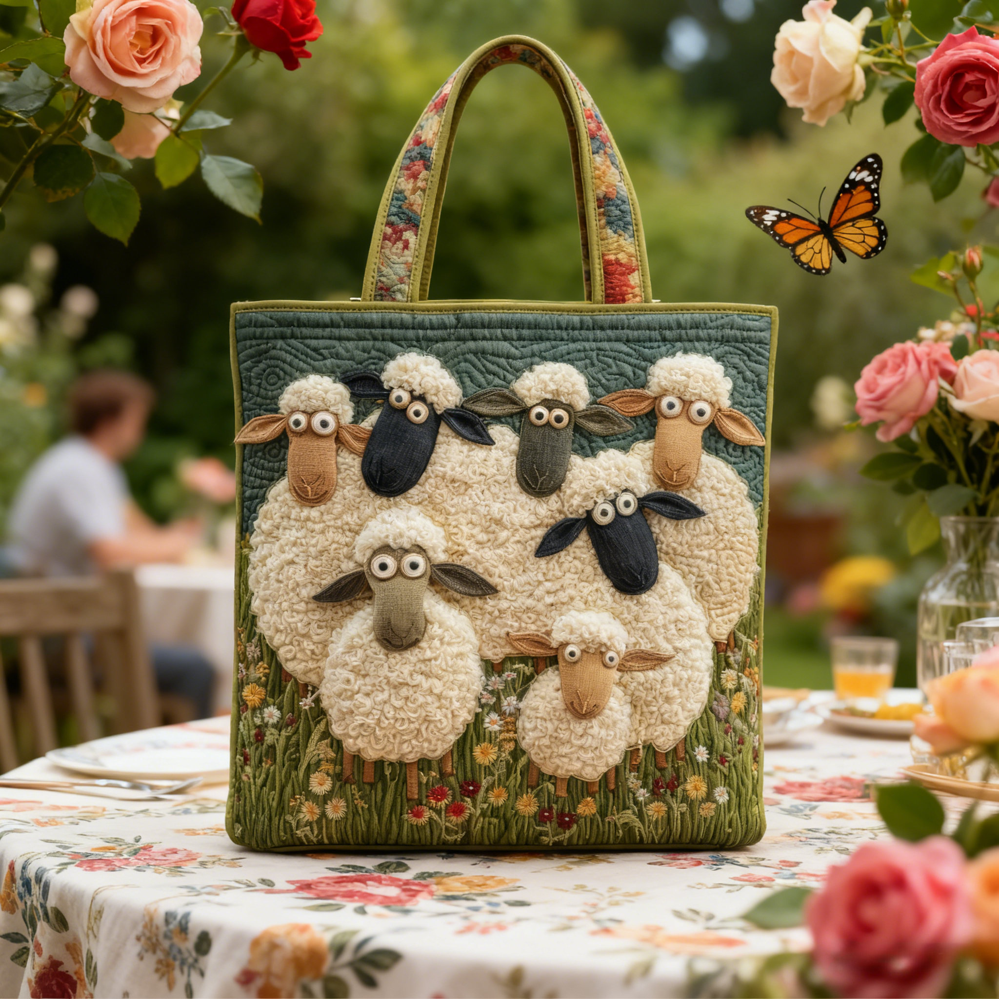 Whimsical Sheep Quilted Tote Bag