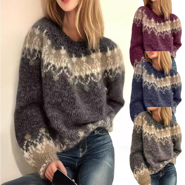 Casual loose-fitting mohair chunky knit jacquard women's sweater