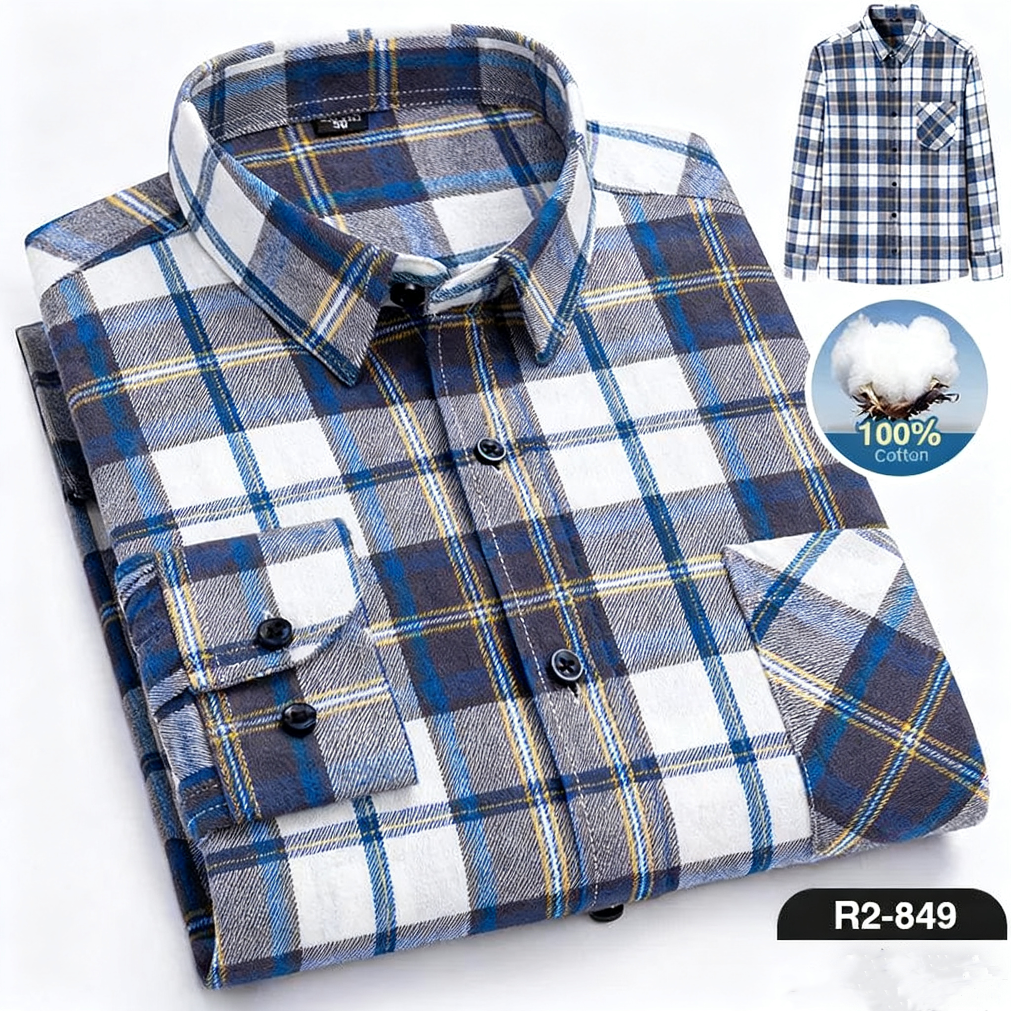 Men's Casual Plaid Shirt – Cotton Brushed, Polo Collar, All Seasons