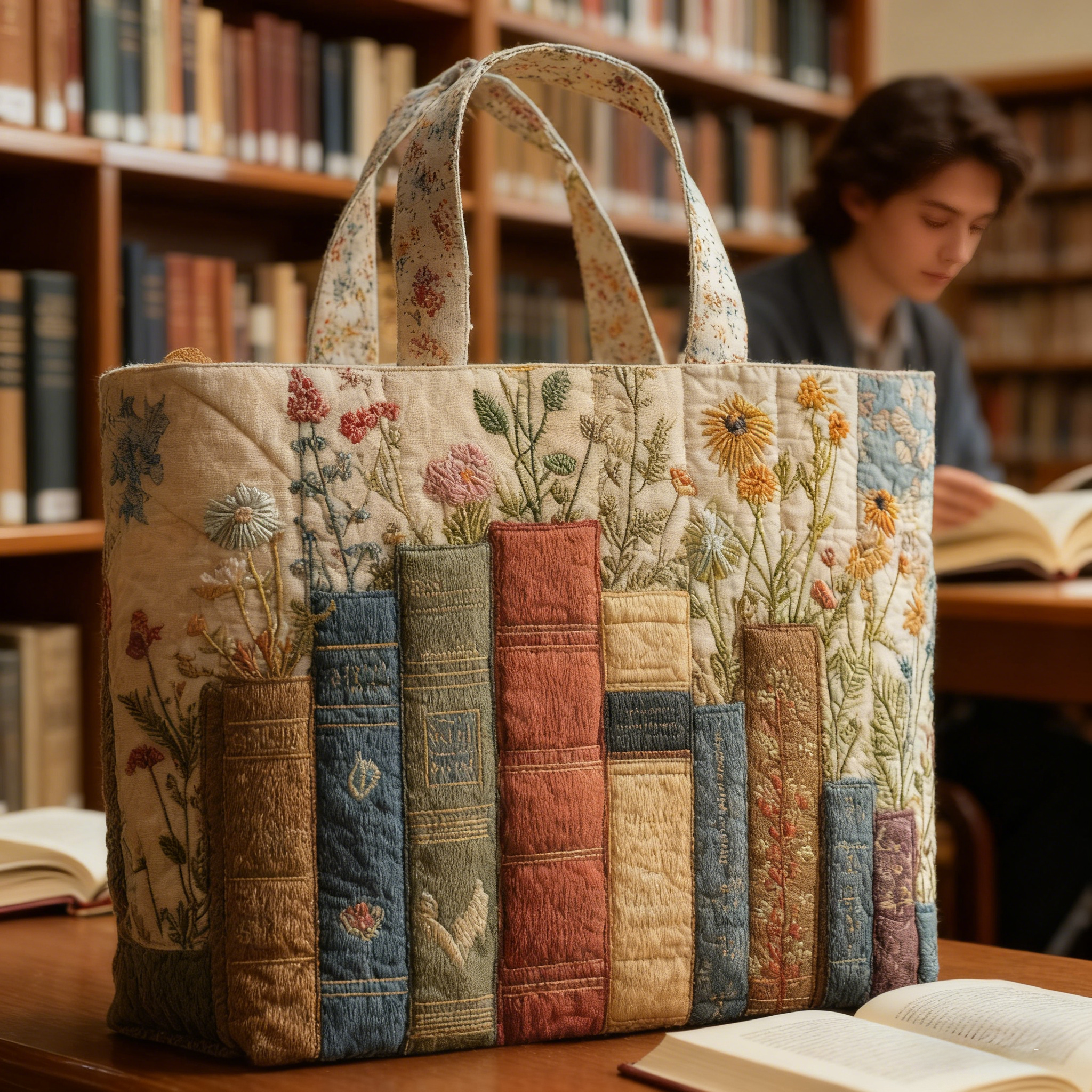 Floral Bookish Quilted Tote Bag