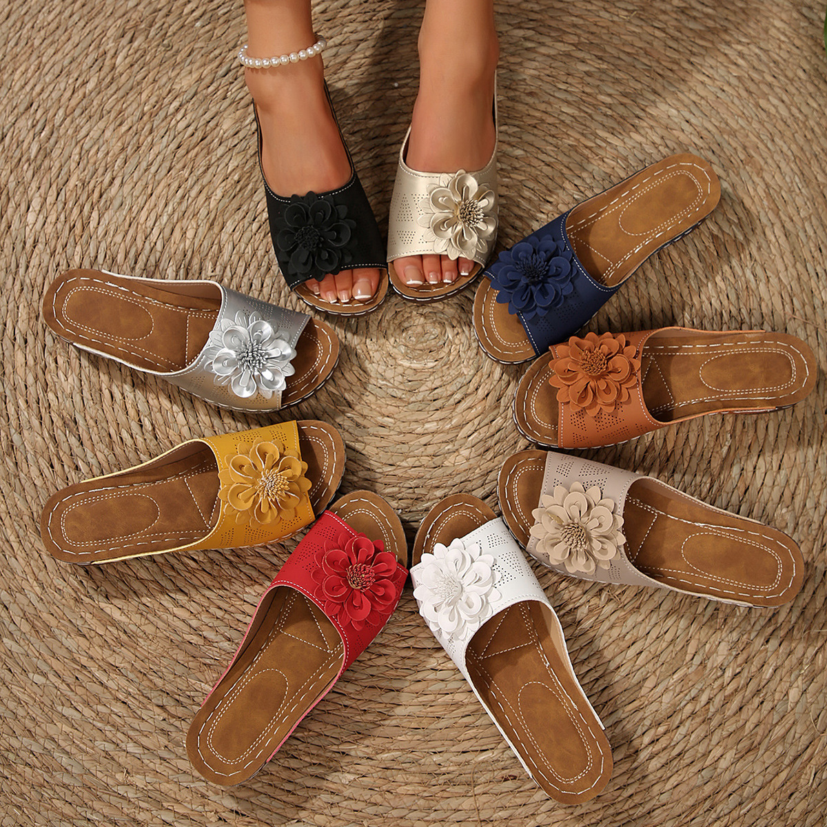 Women's platform open-toe orthopedic floral slippers