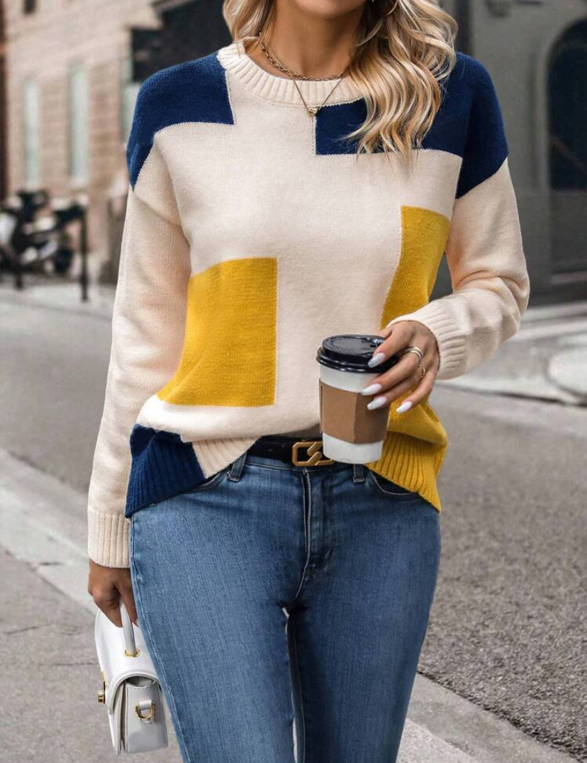 Women's Color-Blocked Knit Crew Neck Sweater