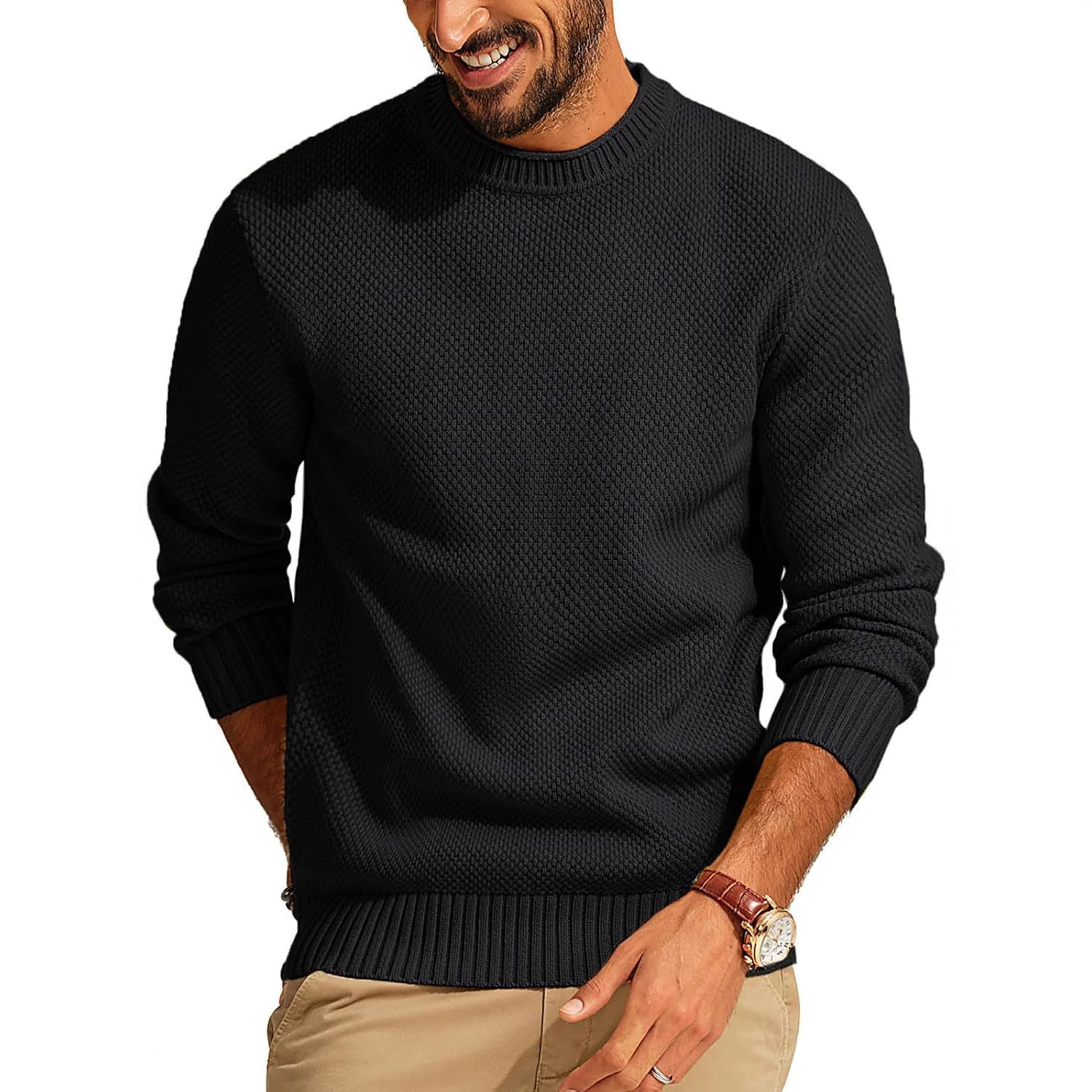 Men's Casual Pullover Solid Color Waffle Crew Neck Sweater