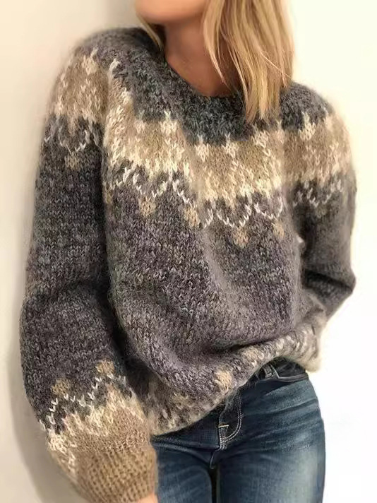 Casual loose-fitting mohair chunky knit jacquard women's sweater