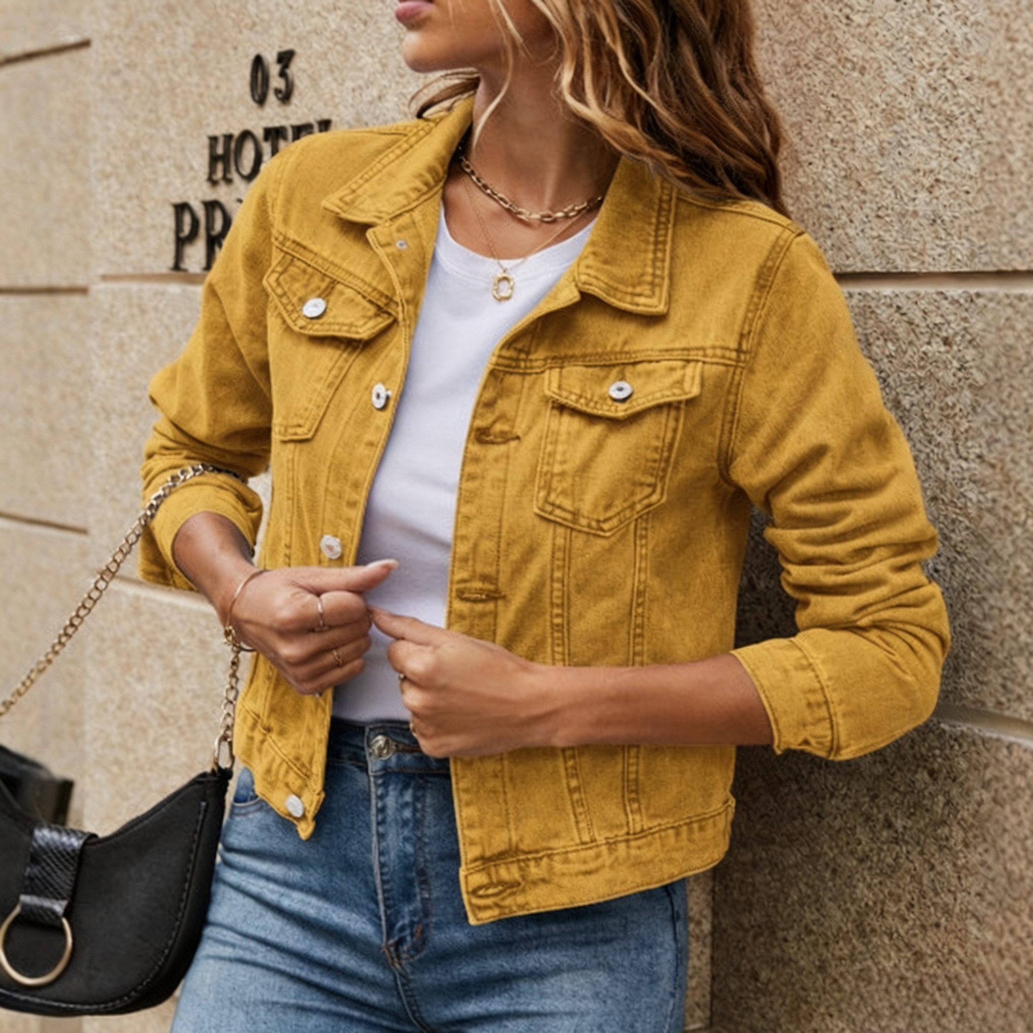 Women's Stylish Lapel Denim Jacket with Pockets