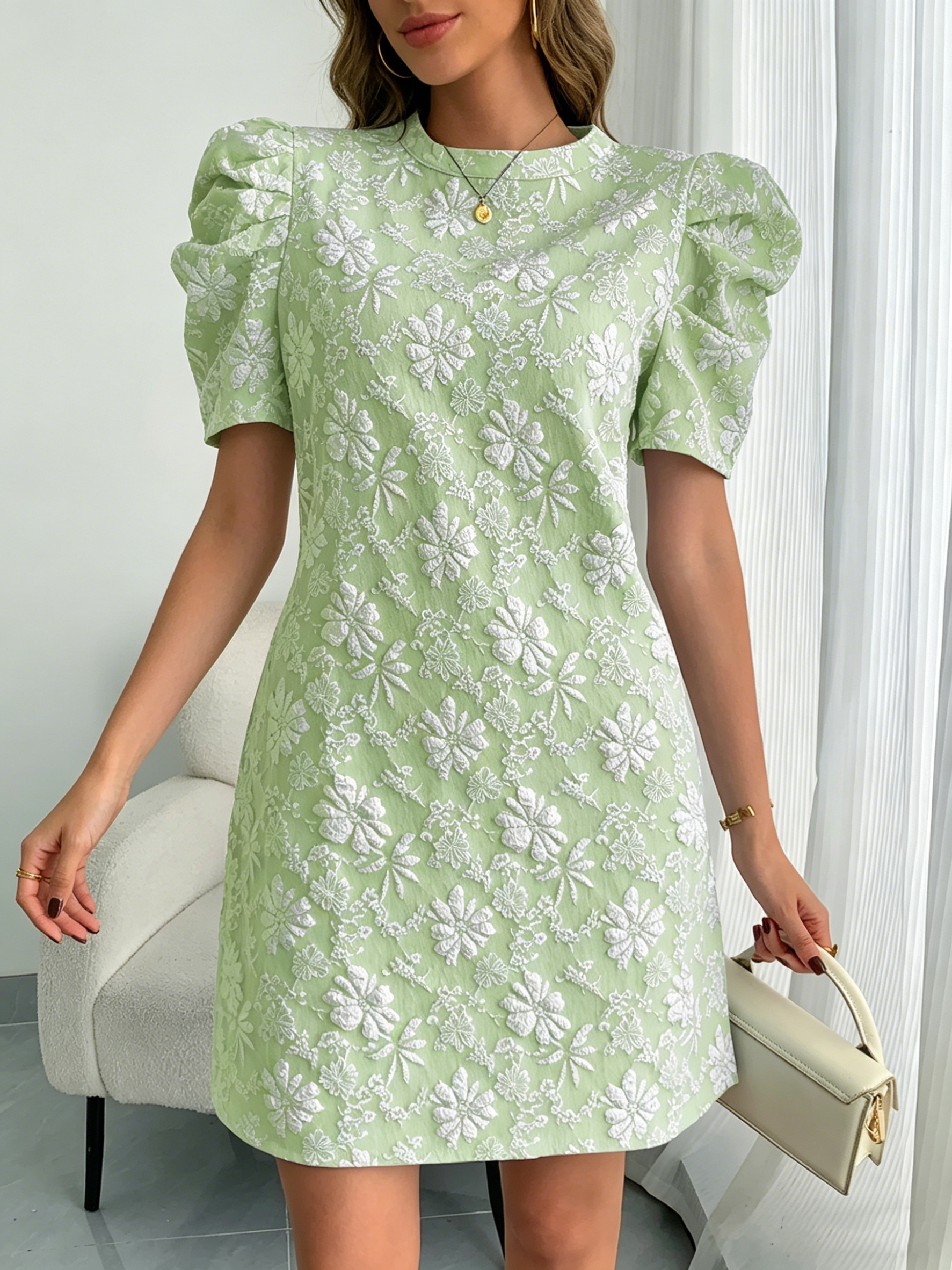 Women's Casual Puff Sleeve Textured Jacquard Dress