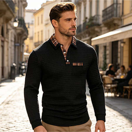Men's Casual Solid-Color Checkered Polo Shirt