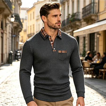 Men's Casual Solid-Color Checkered Polo Shirt