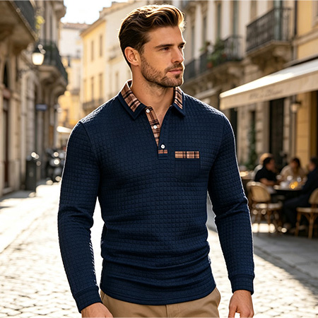 Men's Casual Solid-Color Checkered Polo Shirt