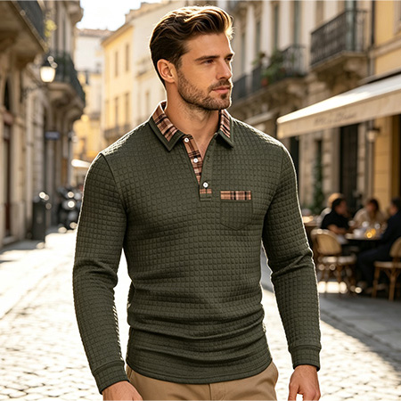 Men's Casual Solid-Color Checkered Polo Shirt