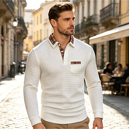 Men's Casual Solid-Color Checkered Polo Shirt