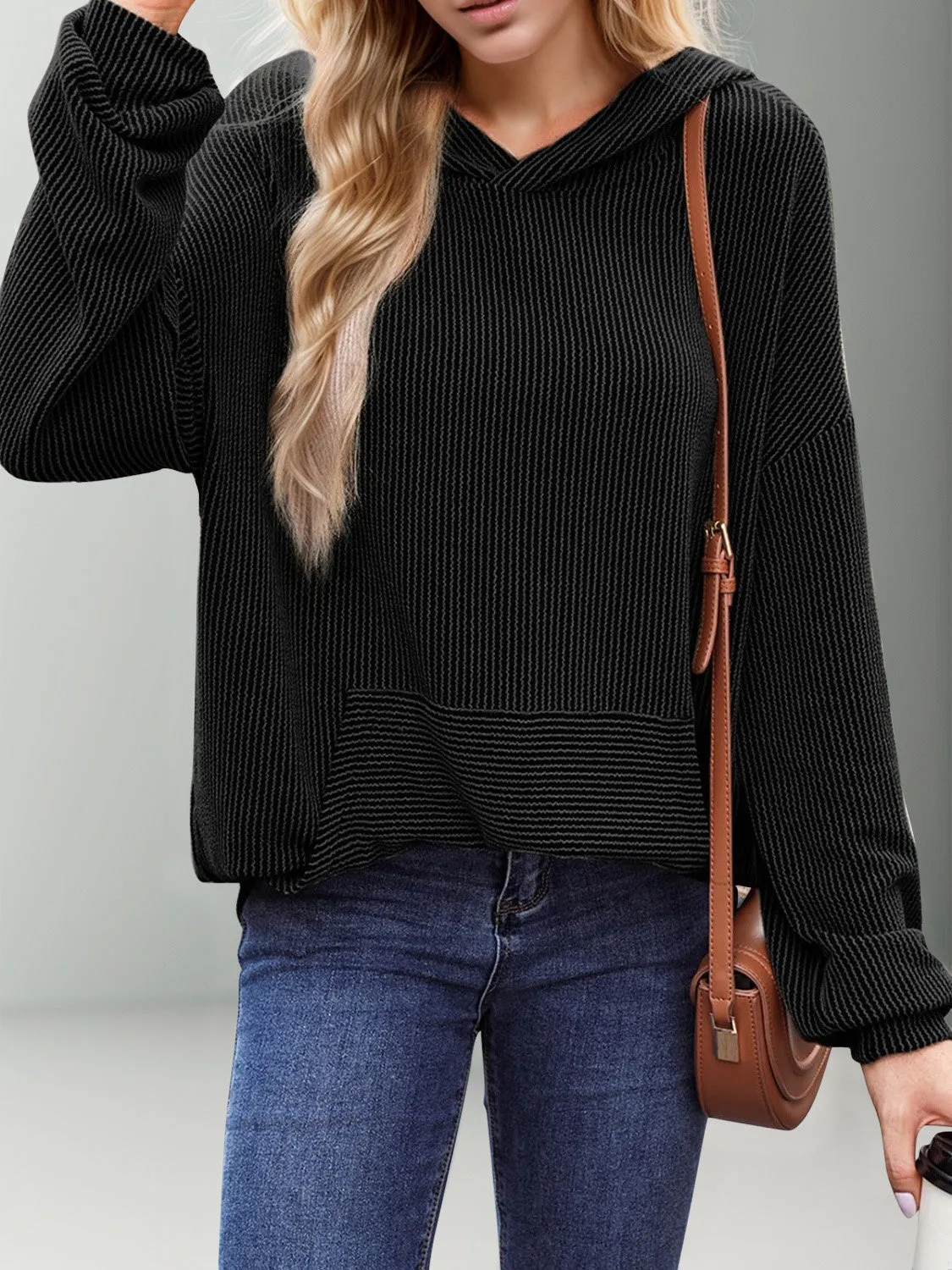 Women's Double Take Textured Kangaroo Pocket Long Sleeve Hoodie