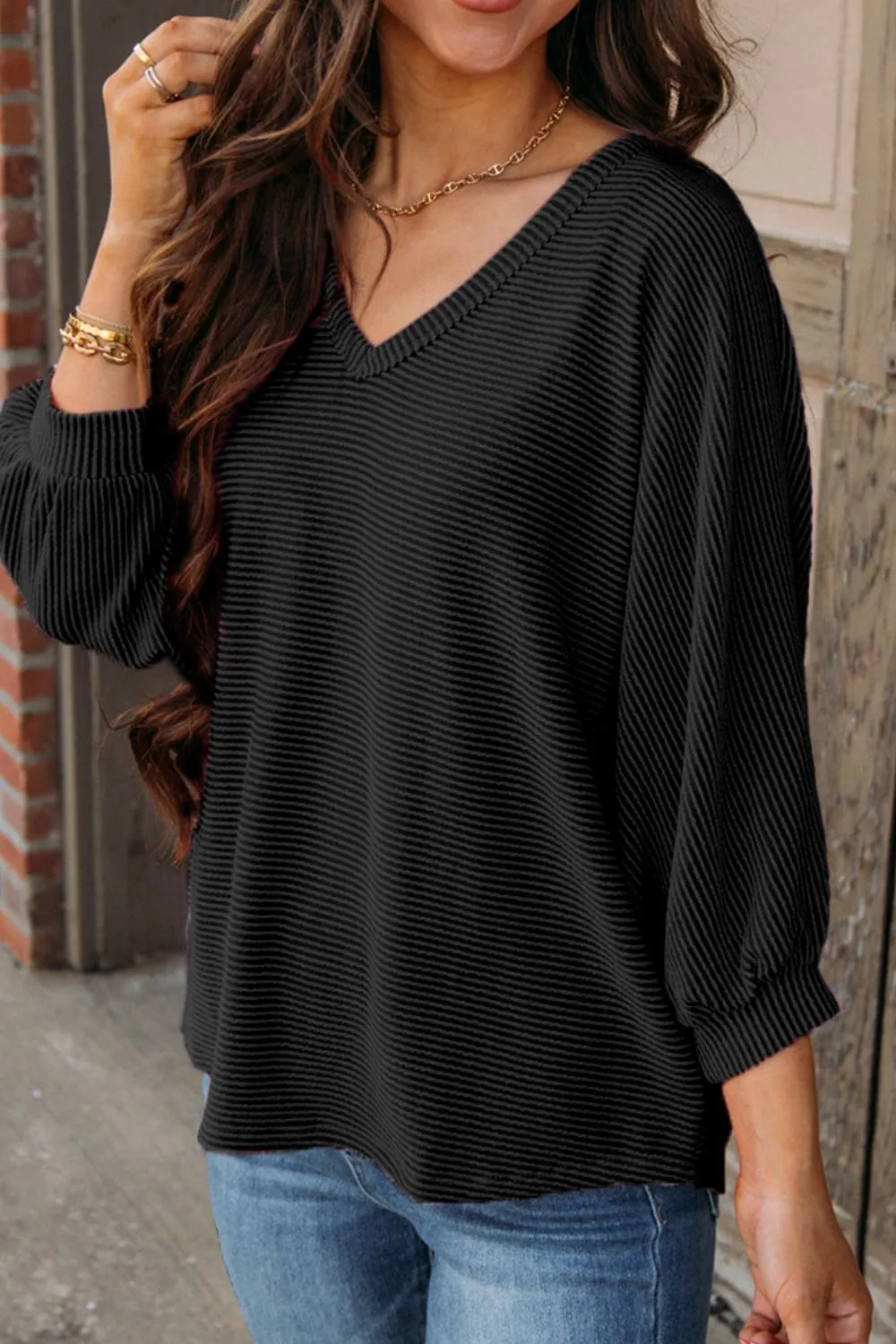 Women's Texture V-Neck Long Sleeve Top