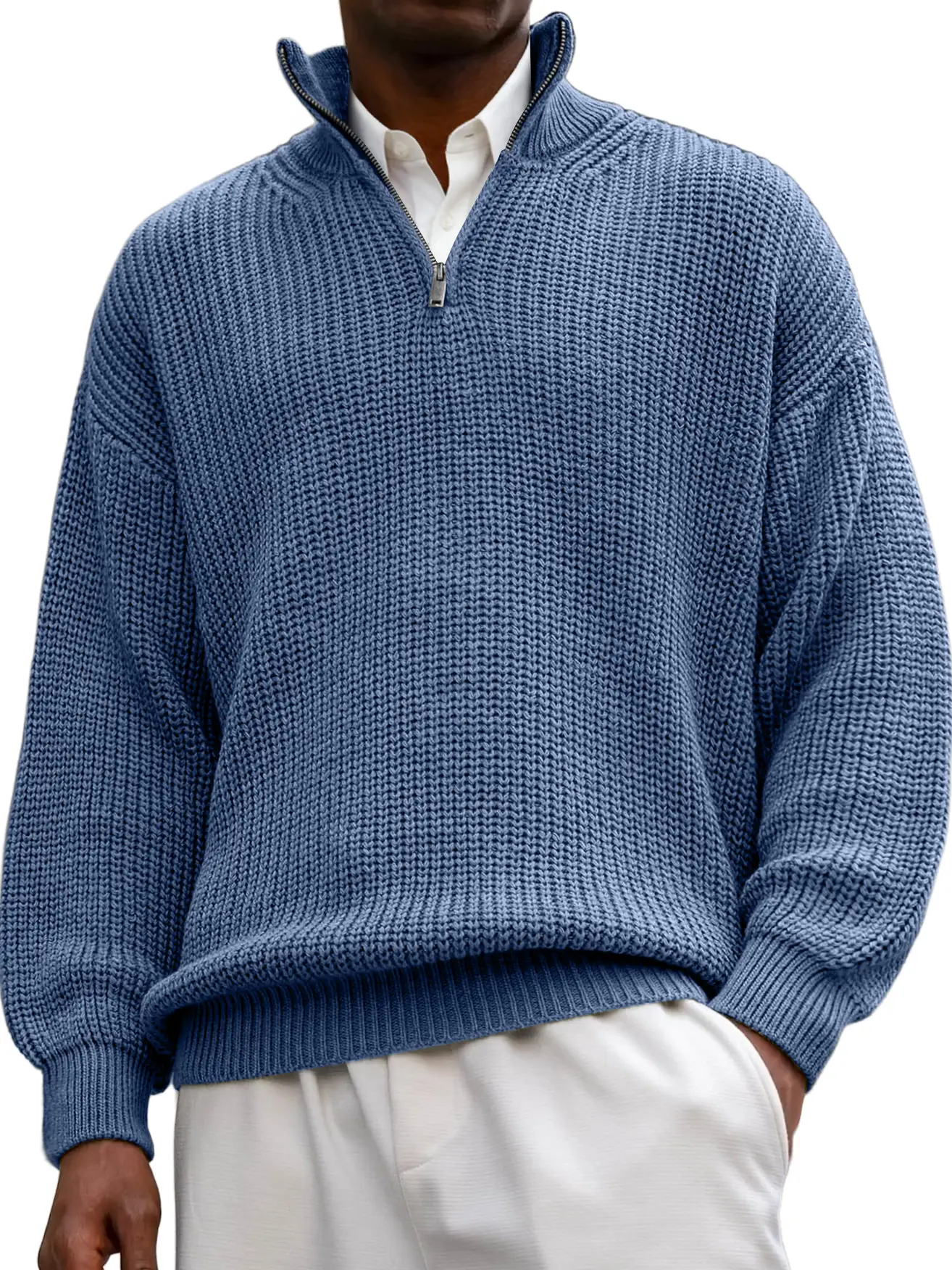 Men's Textured Lapel Zipper Casual Long Sleeve Sweater