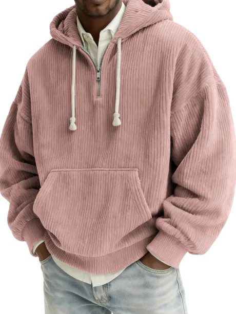 Men's Stylish Quarter-zip Corduroy Hooded Sweatshirt with Kangaroo Pockets