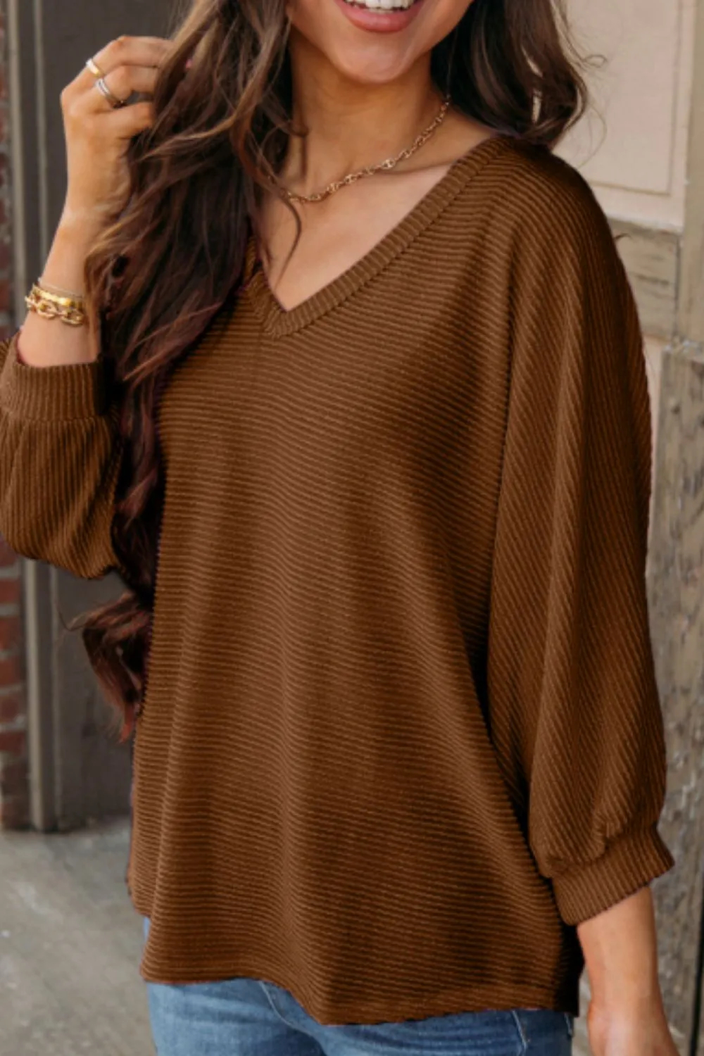 Women's Texture V-Neck Long Sleeve Top