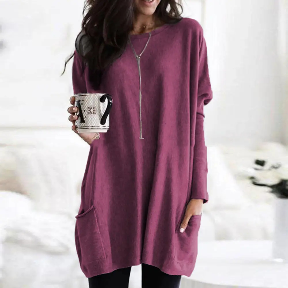 Women's Autumn Pullover Casual Round Neck Long Sleeve Pocket T-shirt Top