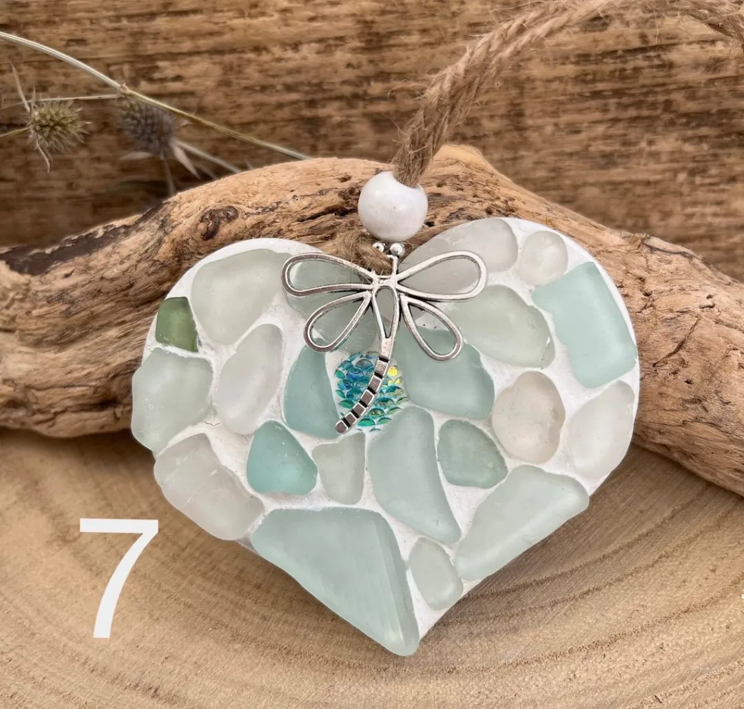 🌊Transforming Ocean Treasures into Eco-Friendly Art -Small Sea Glass Mosaic Hanging Heart