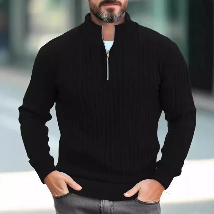 Men's Solid Color Stand Collar Knitted Pullover Sweater