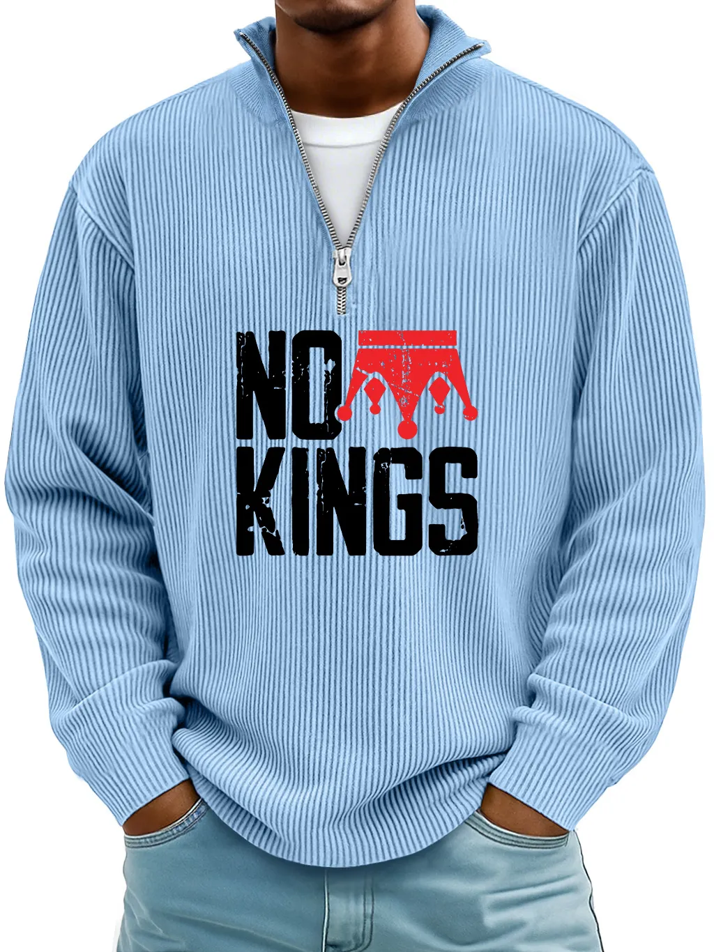 Men's Simple No Kings Ribbed Stand-up Collar Zipper Casual Long-sleeved T-shirt