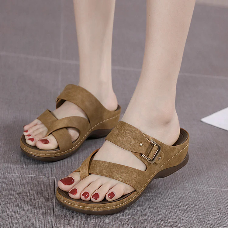 LAST DAY 70% OFF-Women's Orthopedic Wedge Wide Toe Arch Support Leather Sandals