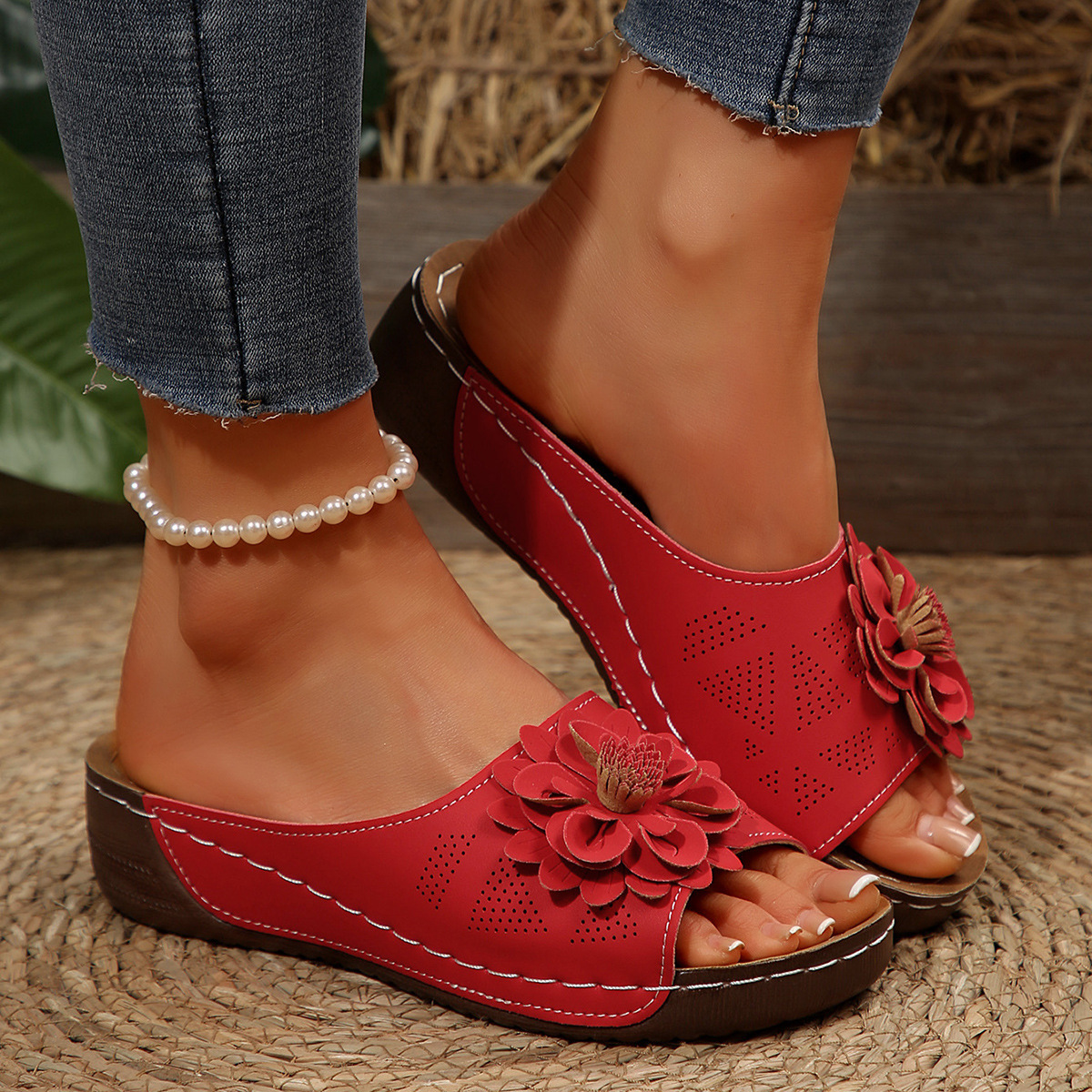 Women's platform open-toe orthopedic floral slippers