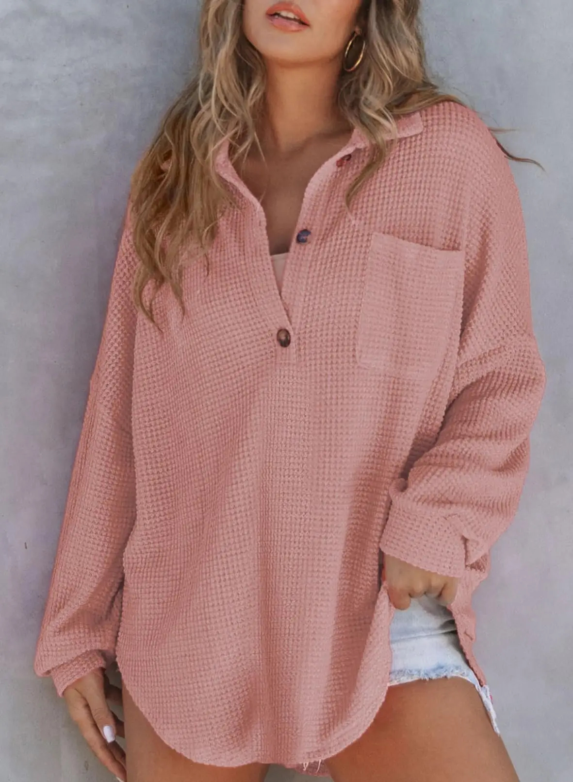 Women's Waffle Knit Henley Button Shirt Jacket