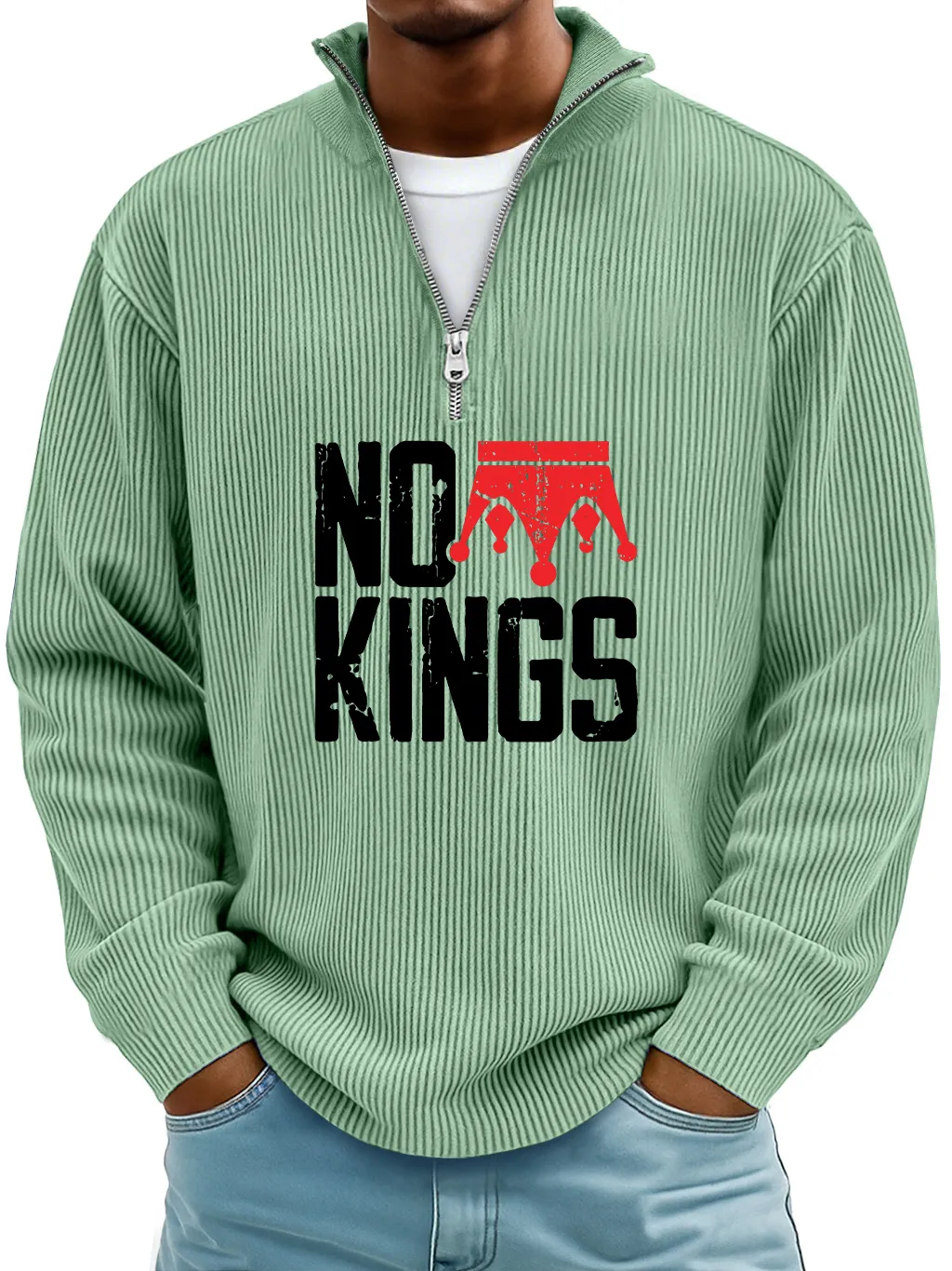 Men's Simple No Kings Ribbed Stand-up Collar Zipper Casual Long-sleeved T-shirt
