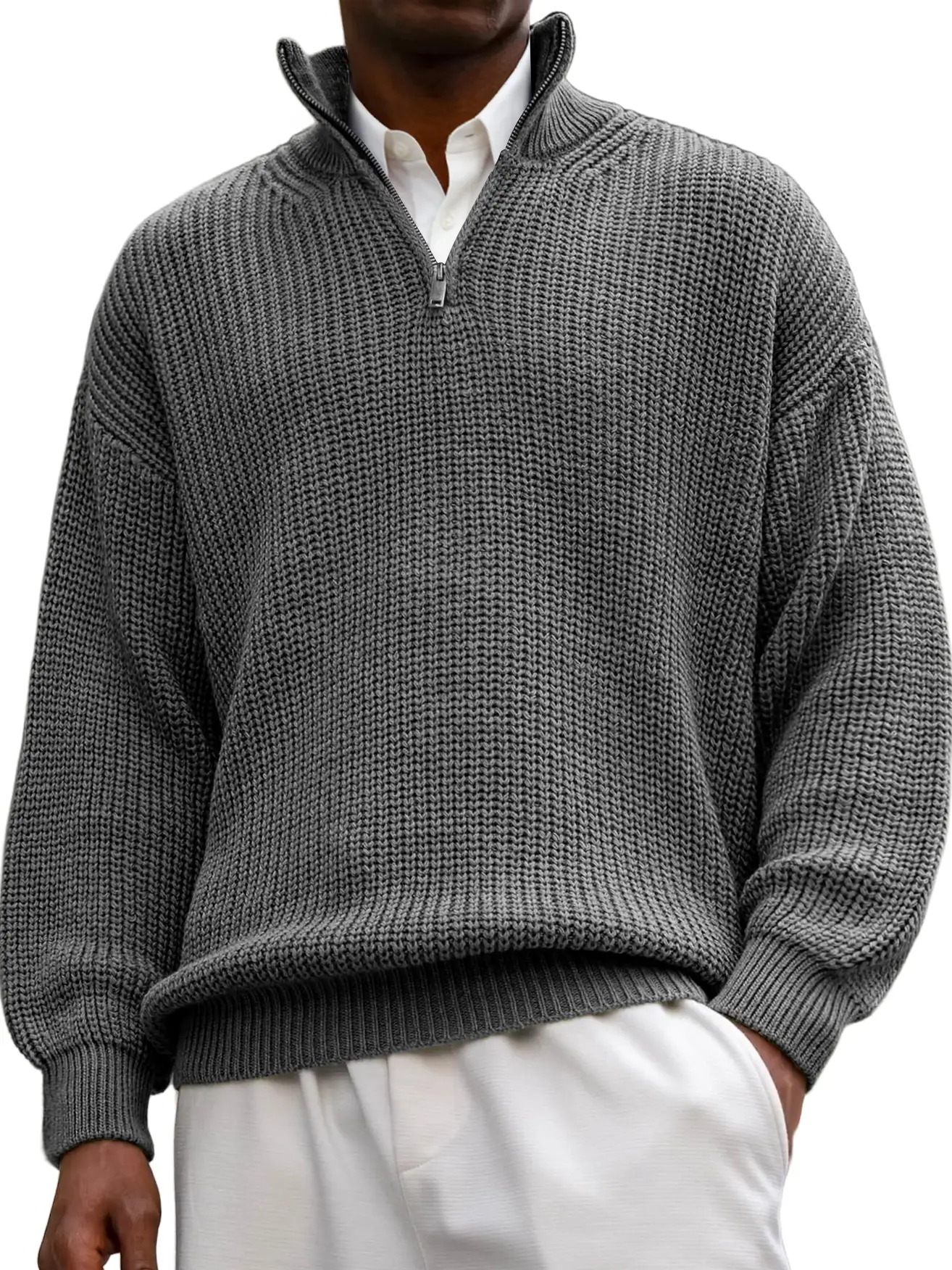 Men's Textured Lapel Zipper Casual Long Sleeve Sweater