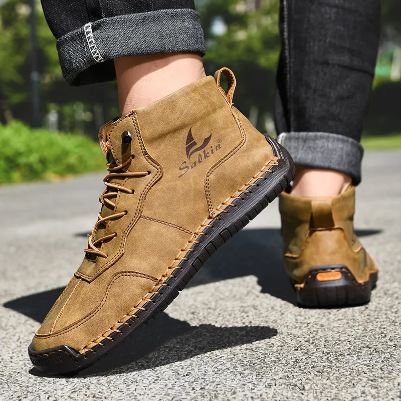 🎁Hot Sale 50% OFF⏳Clearance!! Mens Casual Leather Shoes Ankle Chukka Boots Slip On Lightweight Loafers Mid top Walking Driving Shoes for Male