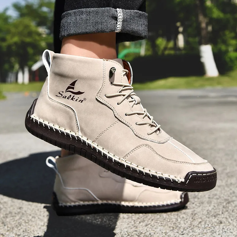 🎁Hot Sale 50% OFF⏳Clearance!! Mens Casual Leather Shoes Ankle Chukka Boots Slip On Lightweight Loafers Mid top Walking Driving Shoes for Male