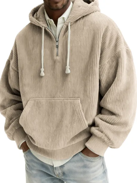 Men's Stylish Quarter-zip Corduroy Hooded Sweatshirt with Kangaroo Pockets
