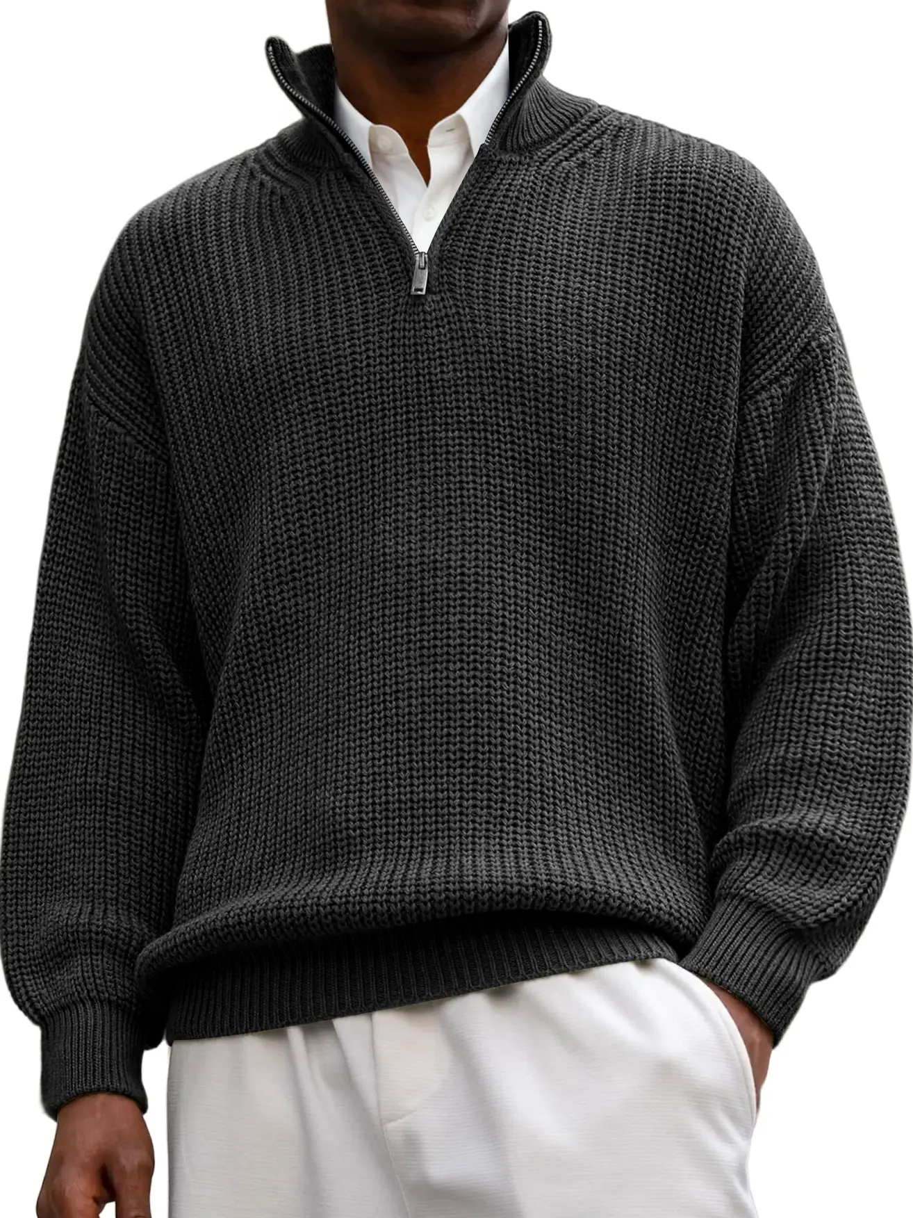 Men's Textured Lapel Zipper Casual Long Sleeve Sweater