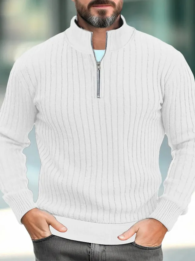 Men's Solid Color Stand Collar Knitted Pullover Sweater