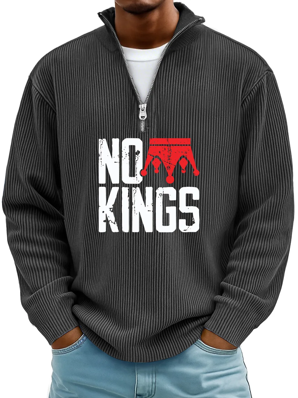 Men's Simple No Kings Ribbed Stand-up Collar Zipper Casual Long-sleeved T-shirt