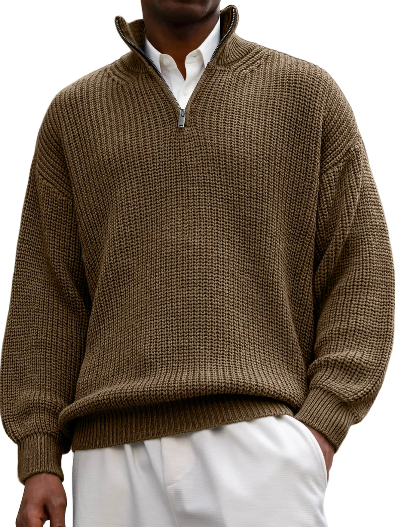 Men's Textured Lapel Zipper Casual Long Sleeve Sweater
