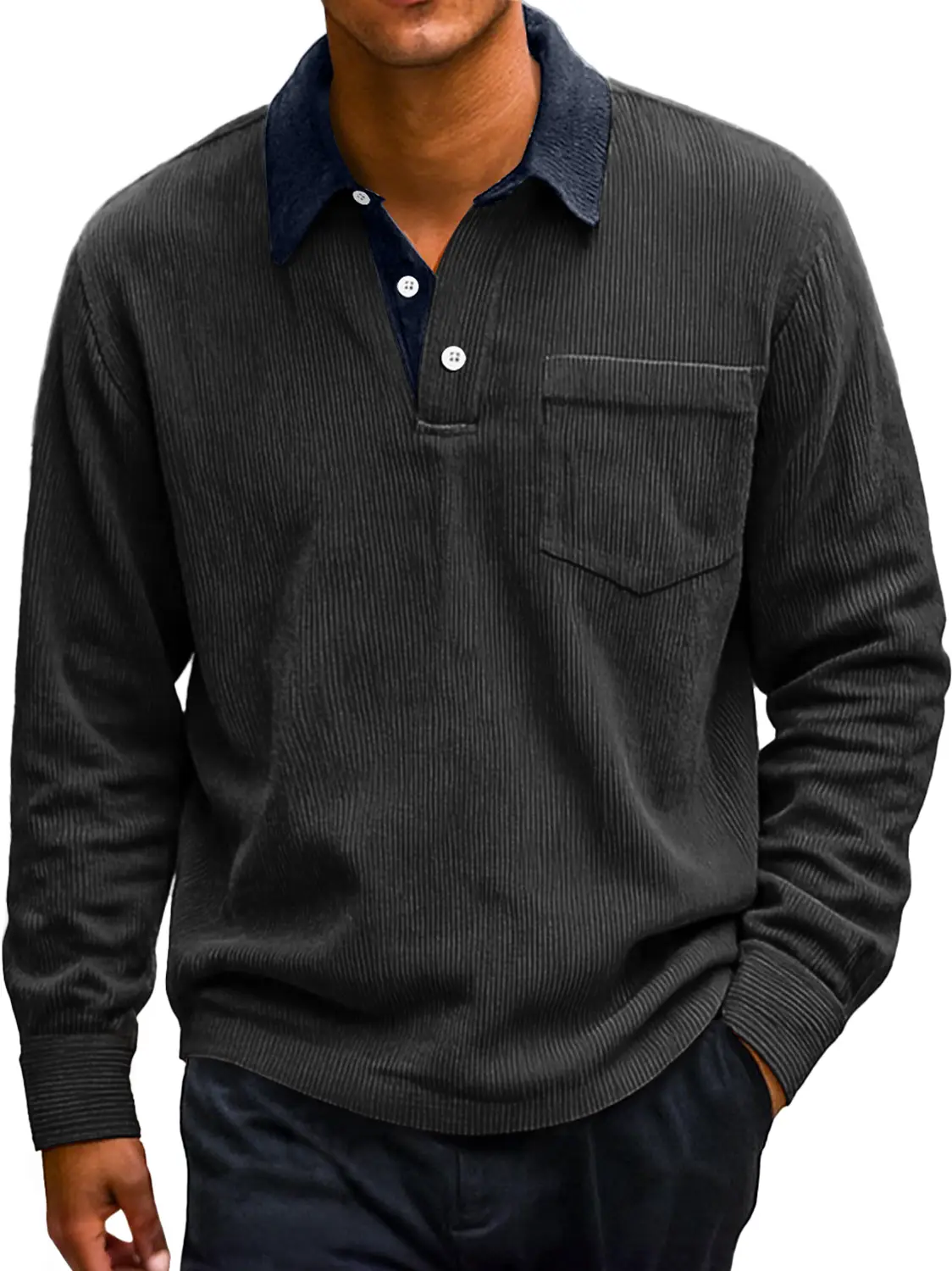 Men's Retro Corduroy Lapel Colorblock Casual Long-sleeved Polo Shirt