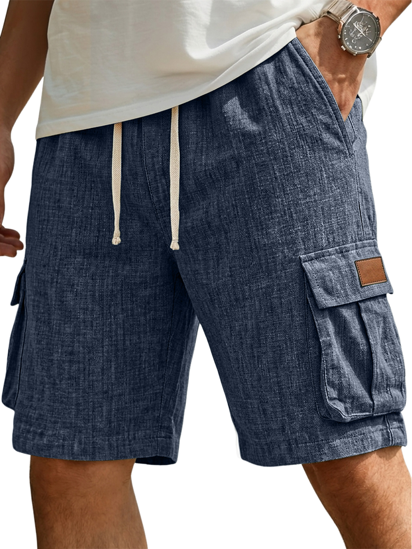 Men's Casual Linen Multi-Pocket Embroidered Logo Cargo Shorts