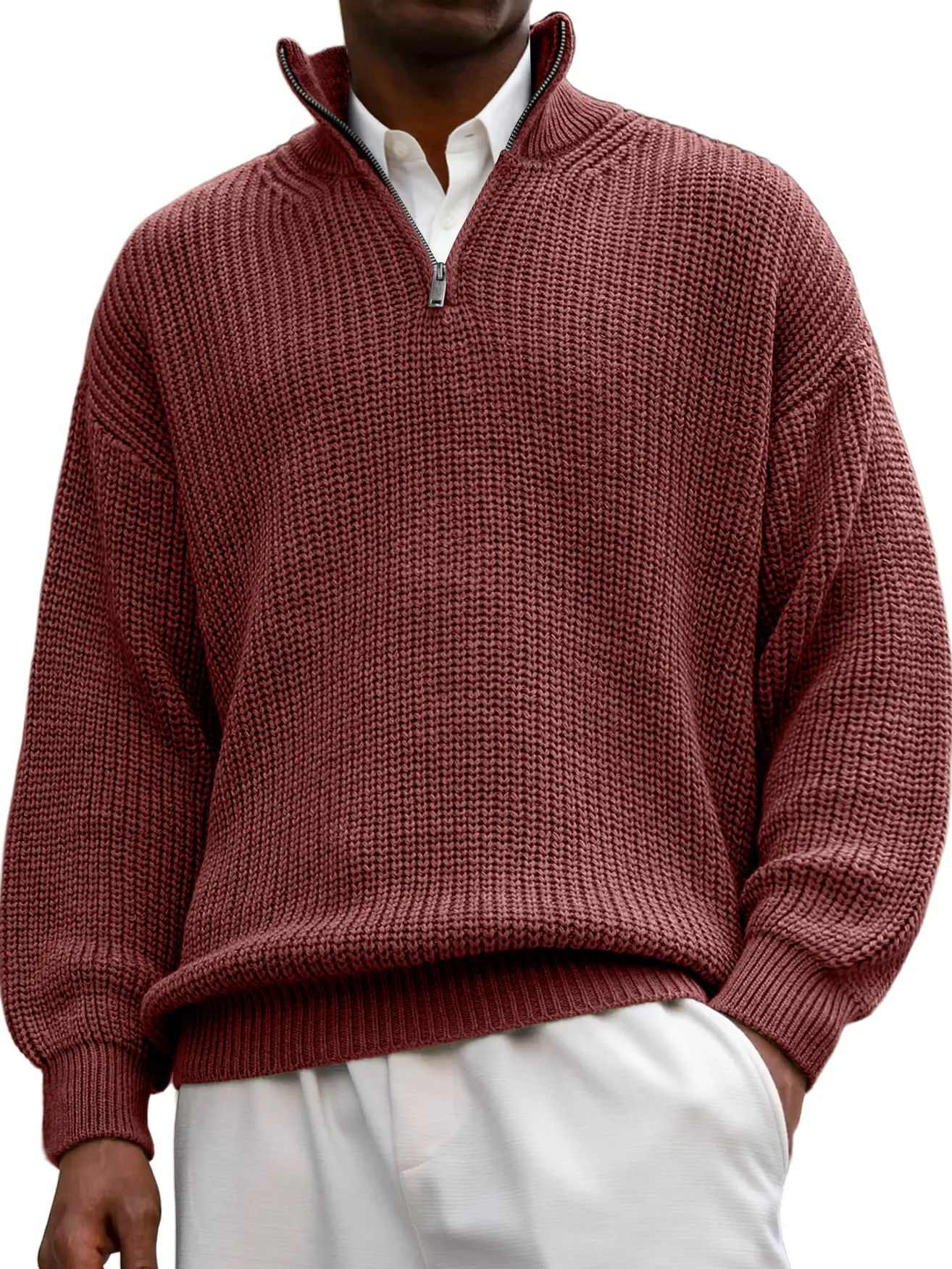 Men's Textured Lapel Zipper Casual Long Sleeve Sweater
