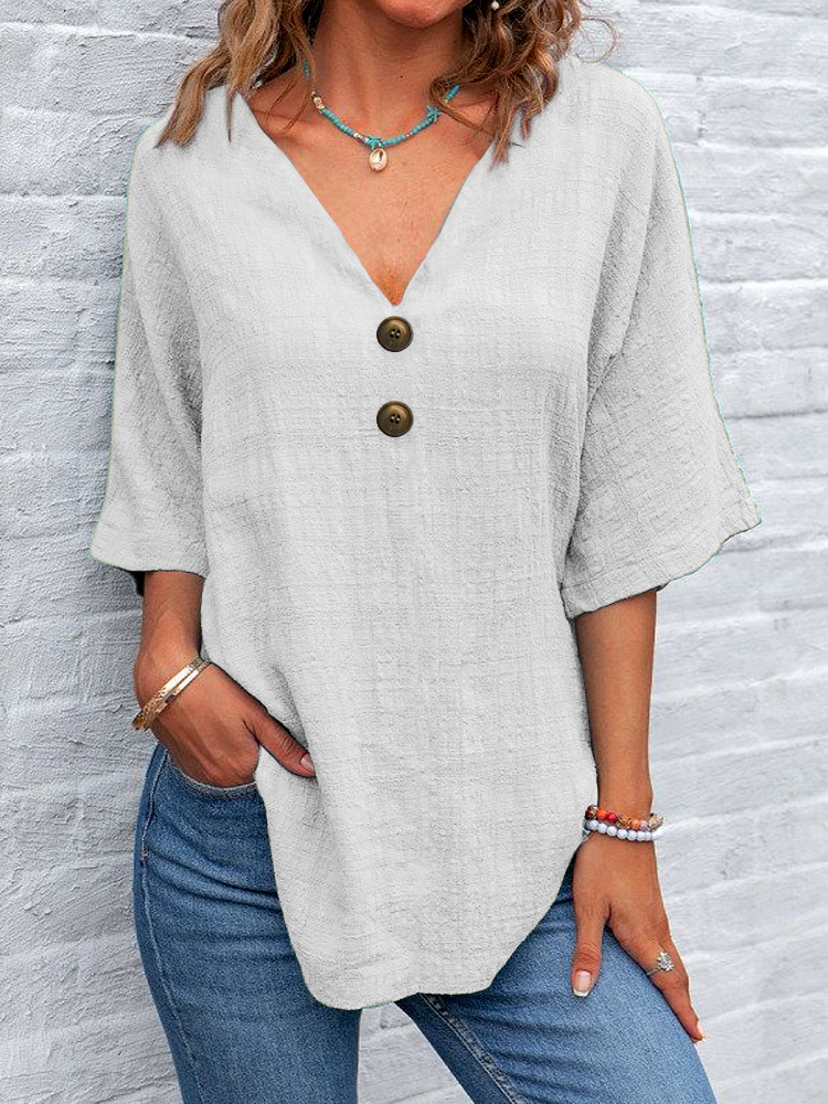 Women'S Casual V-Neck Short-Sleeved Regular Pullover Multi-Color Top
