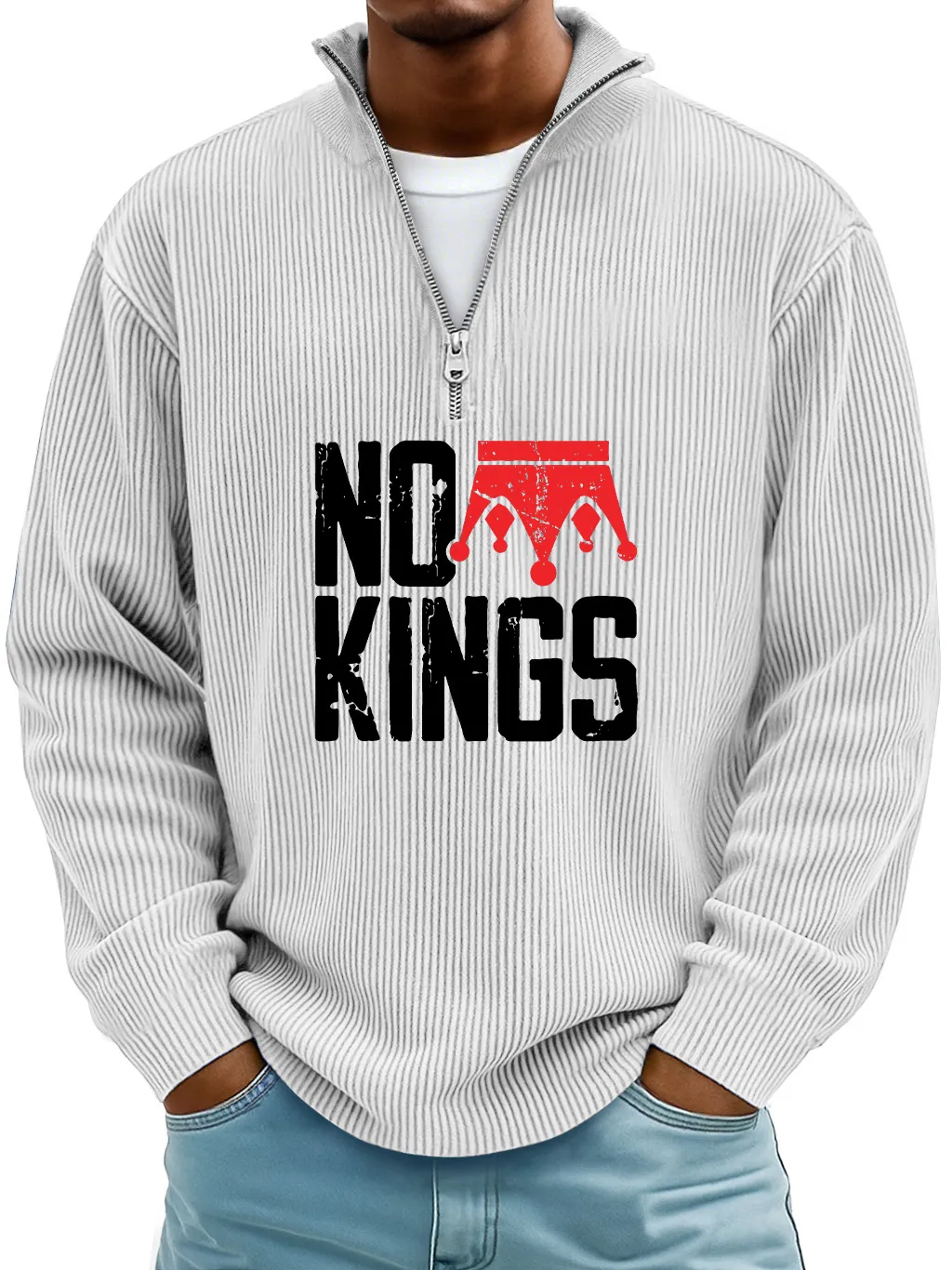 Men's Simple No Kings Ribbed Stand-up Collar Zipper Casual Long-sleeved T-shirt