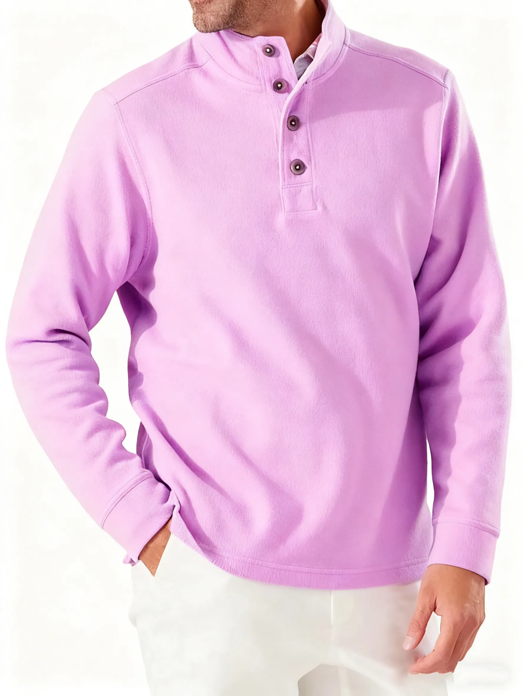 Men's Fashion Casual Vintage Stand Collar Button Down Long Sleeve Polo Shirt