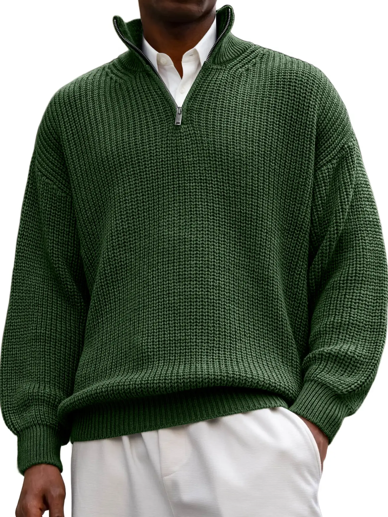 Men's Textured Lapel Zipper Casual Long Sleeve Sweater