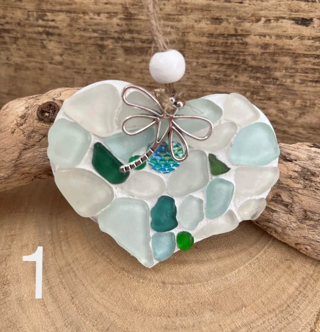 🌊Transforming Ocean Treasures into Eco-Friendly Art -Small Sea Glass Mosaic Hanging Heart